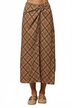 NEW LALAVON odette plaid twist midi skirt in mocha-brown